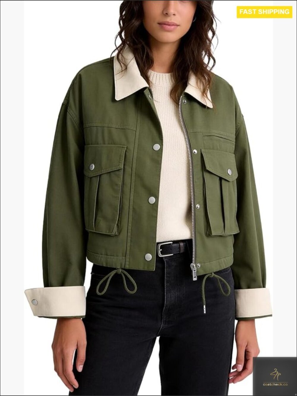 Cropped Utility Jacket Oversized Contrast Collar Zip Up Barn Coat Pockets
